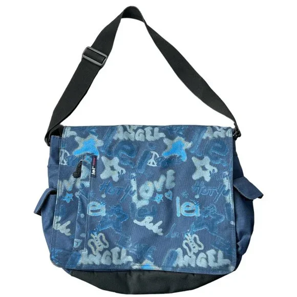 y2k L.e.i. Jeans Messager School Bag- Graffiti Print Vintage Washed Denim Backpack - Womens Trend Tie-Dye College  main image 4